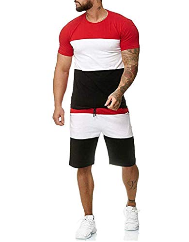 Men's 2 Piece Outfit Sport Shorts Set Casual Short Sleeve Tops + Short Pants Tracksuit (XXL, Stripe Red)