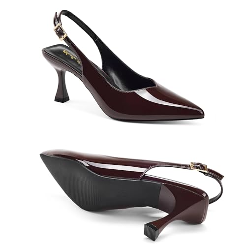 Image of Elisabet Tang Women's Kitten Heel Slingback Low Pumps 3 Inches Stiletto Pointed Closed Toe Elegant Dressy Bridal Wedding Party Shoes