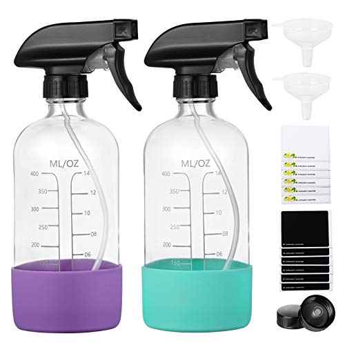 16 oz Empty Clear Glass Spray Bottles for Cleaning Solutions, Essential Oils, Hair Care, with Silicone Sleeves, Labels, Funnels, Measurements, Trigger Sprayers with Mist & Stream Setting