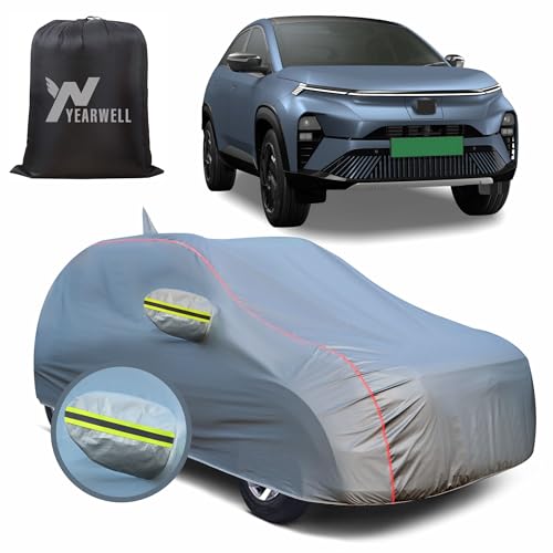 Image of Car Body Cover for Tata Curvv, 100% Waterproof, Heat-Resistant with Mirror & Antenna Pockets, Soft Cotton Lining, Triple Stitched, Green Reflector (Metallic Grey)