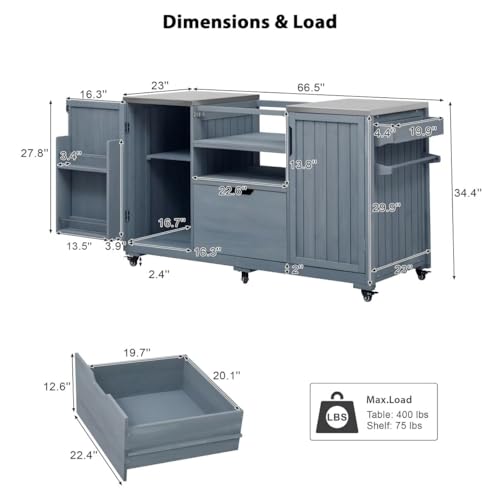 JIJIWANG 66.5" Outdoor Kitchen Island for Big Green Egg Grills, Solid Wood Outdoor Grill Cart for Tabletop Grill with Stainless Steel Top, Drawer, Grey Blue