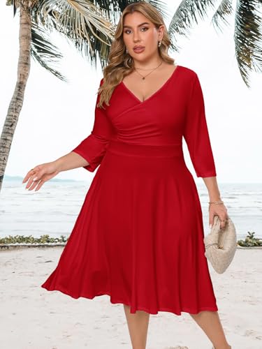 Image of Plus Size Dresses for Women A-Line V-Neck Swing Flowy 3 /4 Sleeve | 3 /4 sleeve,v neck,pockets,casual,cocktail,wedding,holiday,home,work,date party,vacation,outdoor
