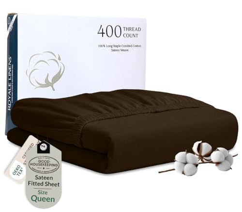 Image of Royale Linens 400 Thread Count 100% Cotton Queen Fitted Sheet Only - Luxury Sateen Weave - All Around Elastic Queen Deep Pocket Fitted Sheet - Durable Bottom Sheets - Fit Up to 16 inch (Egyptian Camel)