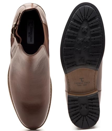 Image of Thomas Crick Men's Teak Leather Chelsea Boots - Premium Welted Sole, Cleated Grip, Metal Buckle, Office & Weekend Style