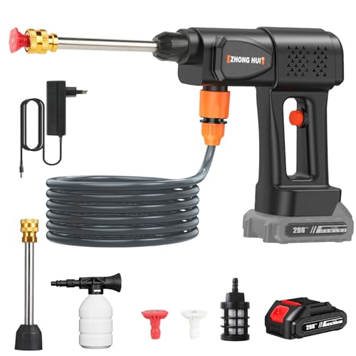 Hidrolimpiadora de Batería 21V 36Bar, Hidrolimpiadora de Alta Presion con Bateríe de 6000 mAh, Manguera de 5M, Jarra de Espuma, Pistola Eléctrica Portátil, para Limpiar Suelos (con 1 Batería)