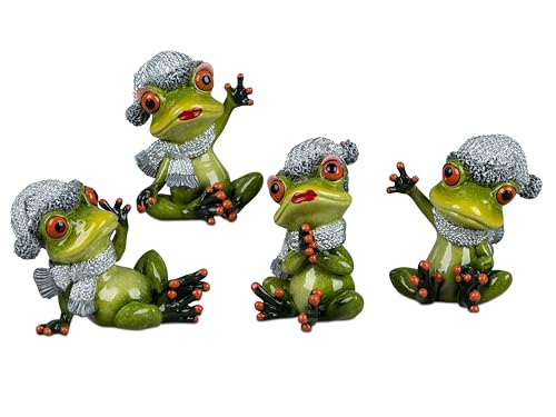 formano 4er Set Winterfrosch Kunststein Deko Figuren 9-11 cm Handbemalte Figur Weihnachtsdeko mit Silber Mütze & Schal Hellgrün Glänzend Froschhausen Frösche Deko glänzend