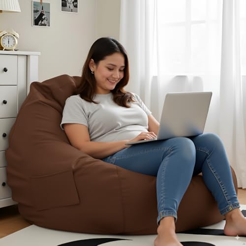 Image of 4XL Leatherette Bean Bag Chair with Footrest & Cushion with Beans Filled (Ready to Use) Color- (Tan, Bean Bag Only)