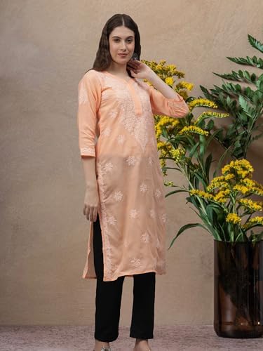 Image of Seva Chikan Hand Embroidered Lucknowi Chikankari Appricoat Peach Terivoil Cotton Kurta for Women SCL4603