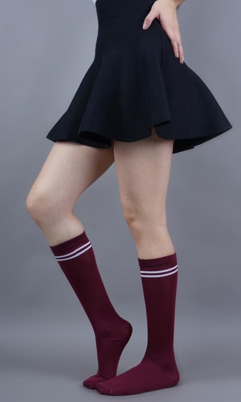 WKLOUYHE Maroon With White Stripes Design Knee Length School Cotton Socks for Boys & Girls_Pack Of 04(StripWht-Maroon,16-17 Years) 1