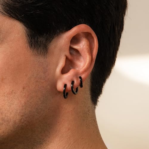 Black Huggie Hoop Earrings Set for Men, Small Stainless Steel Earrings for Multiple Piercing Hypoallergenic Lightweight Dainty Jewelry, Trendy Cartilage Earrings for Women Gifts 3 Pairs2