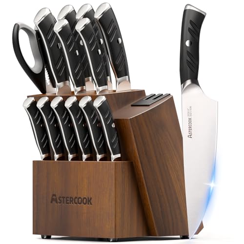 Astercook Knife Set, Kitchen Knives Set with Block and Dual Sharpener Full Tang 15 Pcs German...