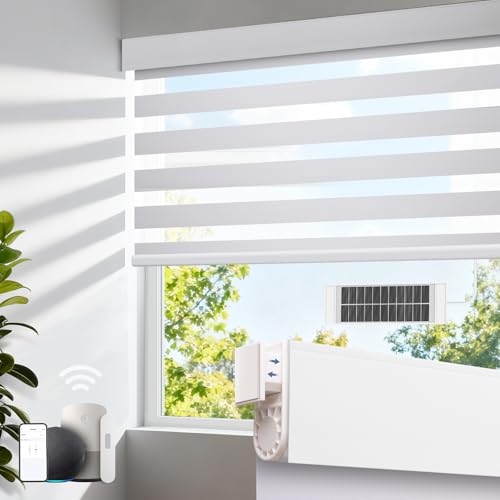 Motorized Zebra Blinds with Remote, No Drill Cordless Roller Shades, Equipped with Solar Panels, 50%-75% Blackout, Compatible with Alexa, Google, Electric Blinds for White 34.50' W x 72' H