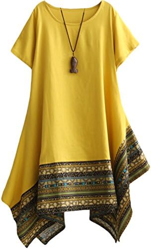 Minibee Women’s Ethnic Cotton Linen Short/Long Sleeves Irregular Dress