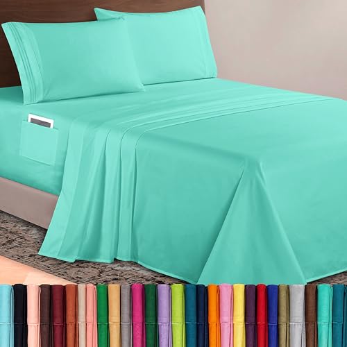Image of Elegant Comfort Luxurious 1500 Premium Hotel Quality Microfiber 4-Piece Sheet Set, 18-24 Inches Deep - Extra Deep Pocket Sheets - Ultra Soft 4PC Deep Pocket Sheets, California King, Paradise Teal