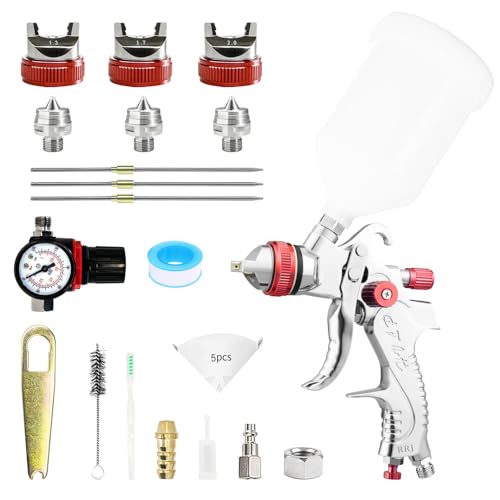 RRJ HVLP Spray Gun, Gravity Feed Air Spray Gun Kit with Air Regulator, 600cc, 1.3/1.7/2.0mm Nozzles Auto Paint Spray Gun, Sprayer Paint Guns for House Painting, Primer Car, Furniture, Fence (Red)