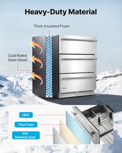 Image of VEVOR 3-Drawer Refrigerator, 24 in Undercounter Beverage Cooler, Large Capacity Drink Fridge, 3 Separate Storage Zones, 304 Stainless Steel Drawers, Fast Cooling, for Kitchen, Game Room & Home Bar