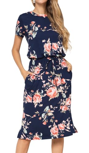 Image of Simier Fariry Womens Summer Hide Belly Knee Length Travel Dress Pocket Short Sleeve Midi Work Casual Outfits