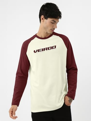 Image of Veirdo Pure Cotton Regular Fit Round Neck Front Chest Typographic Logo Printed Raglan Full Sleeve T-Shirt for Men (Colors: Green, Brown & Maroon)