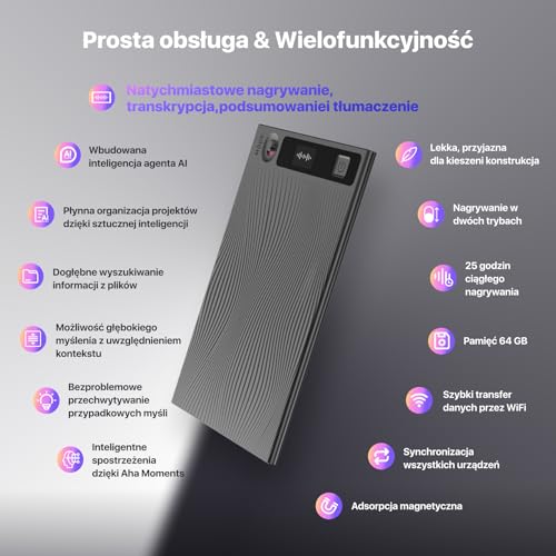 Mobvoi TicNote AI Dyktafon z pamięcią 64 GB i aplikacją Kontroluj ponad 100 języków z technologią AI Cyfrowy rejestrator dźwięku do rozmów telefonicznych Wykłady Spotkania Wywiady