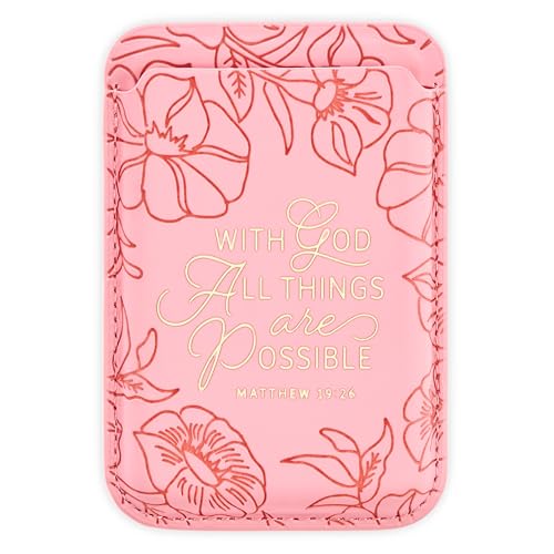 Image of Christian Art Gifts Magnetic Faux Leather Phone Wallet for Women: Pink Debossed Florals & Gold, All Things are Possible Inspiring Scripture Design, Mag-Safe Compatible, Cash & Card Holder, 3.8 inch x 2.5 inch
