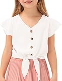 GRACE KARIN Girls Short Sleeve Shirts V Neck Ruffle Tie Knot Tops Solid Color Summer Shirts Blouse White