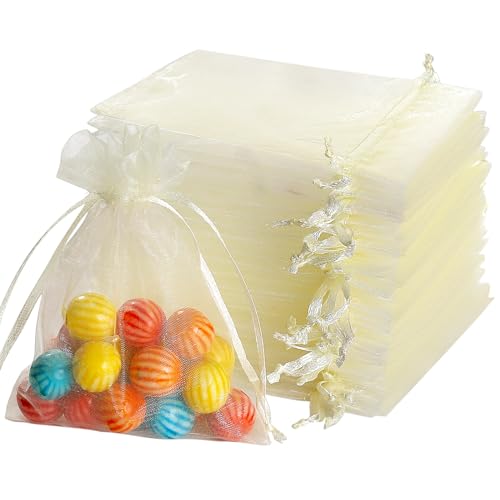 Image of Hopttreely 100pcs Organza Bags, 4''x4.72'' Pastel Yellow Satin Drawstring Organza Pouch Wedding Party Favor Gift Bag Jewelry Watch Bags
