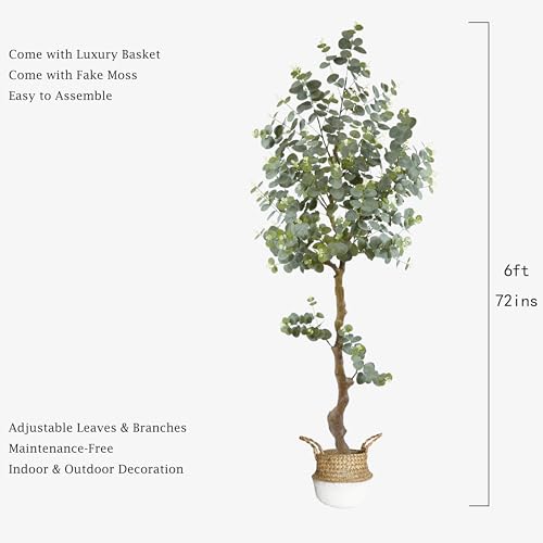 Image of 6ft Artificial Eucalyptus Tree Fake Plant with Woven Basket