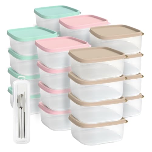 ELENANO Juegos Taper Plastico de 24 ud sin BPA de 350 ml con Portacubiertos Envases de Plastico con Tapa de 11x11x5 cm - Envases para Alimentos - Fabricado en España (24 ud 350 ml)