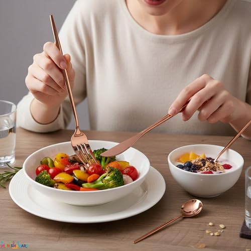 Image of Slim Handle Rose Gold 4 Pcs Stainless Steel Cutlery Set for Dining Table, Dishwasher Safe Glossy Flatware (1 Spoon Set + 1 Forks Set + 1 Butter Knife + 1 Dessert Spoon)