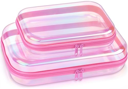 YSHXNX Clear Hard Shell Zipper Case Makeup Bag Iridescent Toiletry Bag 2pcs Large Capacity Water-resistant Toiletries Bag Portable Travel Organizer and Storage Bathroom Clear Cosmetic Case for Women
