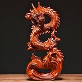 Otjidku Feng Shui Dragon Statue- Chinese Dragon on Wood Sculpture Figurine Ornament Attract Wealth and Good Luck Office Home Decor (Red) (7 Inch)