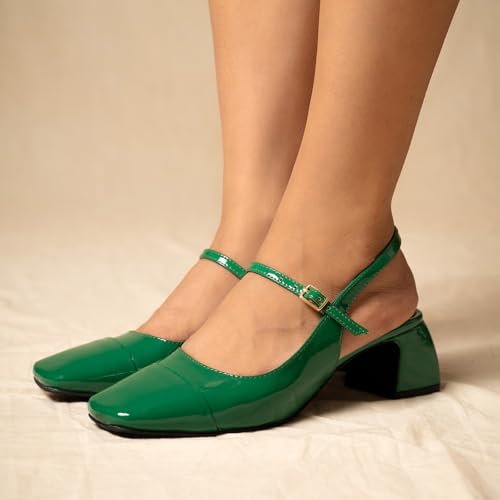 Image of Theater Women Twiggy Mary Jane Block Heel Sandals with Square Toe and Adjustable Buckle Slingback | Cushioned Comfort for Office & Formal Wear
