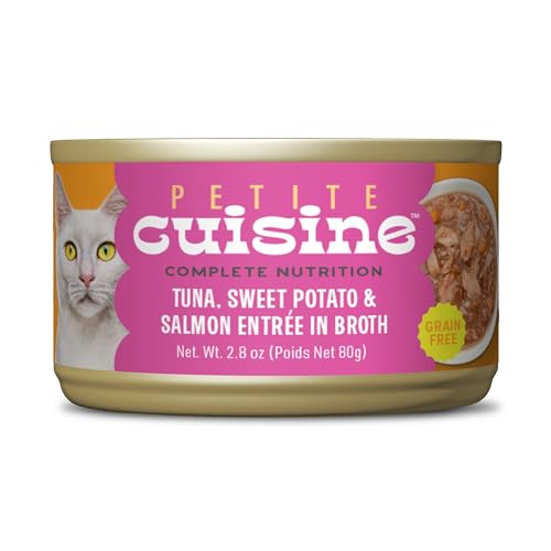 PETITE CUISINE Whole Foods Wet Cat Food, Tuna, Sweet Potato & Salmon Entree in Broth, 2.8 oz. Can (24 Count)