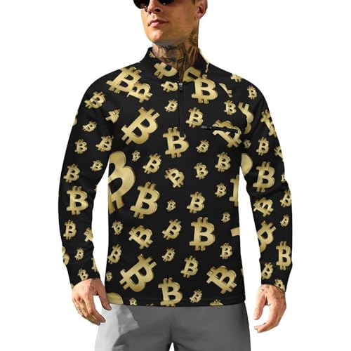 Golden Bitcoin Men's Rash Guard Long Sleeves Quick Dry Fishing Workout Shirts with Zipper