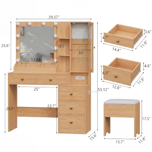 Image of HUANLEGO Vanity Desk with Mirror and Lights & LED Glass Cabinet, Oak