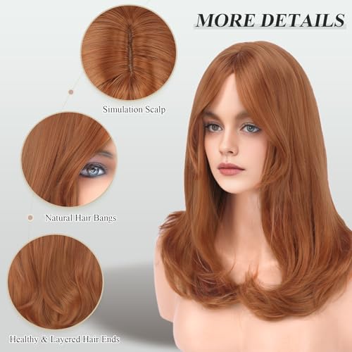 Image of FESHFEN Wigs with Bangs for Women, Synthetic Natural Looking Long Layered Straight Hair Wig for Women Daily Party Costume, 18 inch Copper Red