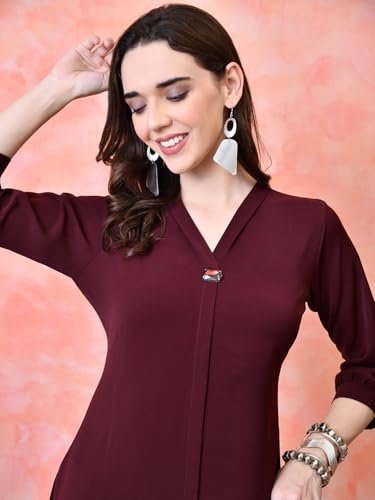 Image of nioni Women's Straight Solid Kurti with V-Fold Neck | Rayon Lycra Material | Fashionable Micro Pleates | 3 /4th Sleeve Kurta for Woman & Girls (S to 2XL)