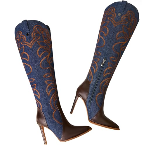Women's Cowboy Boots Wide Calf Stiletto Knee High Fashion Pointed Toe Side Zipper High Heel Boots3