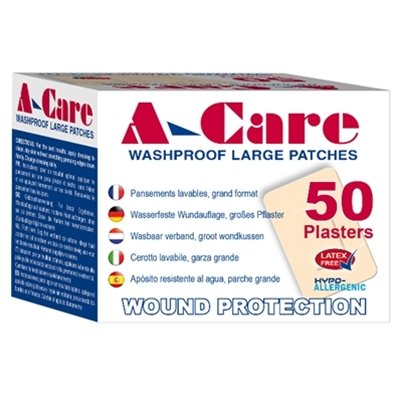 A-Care Washproof Plasters. Large Patch Dressings 7.2cm x 5cm (box of 50)