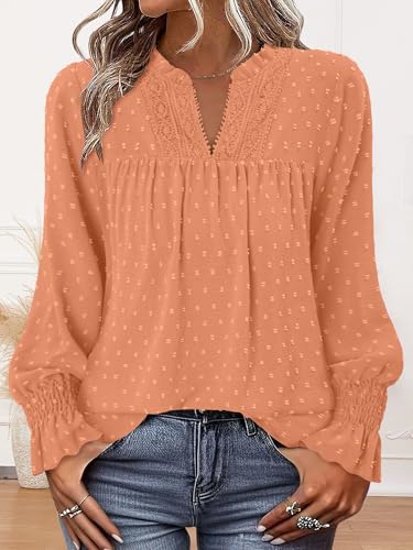 BETTE BOUTIK Women Boho Long Sleeve Shirts Dressy Casual V Neck Fall Fashion Tops Swiss Dot Flowy Blouses