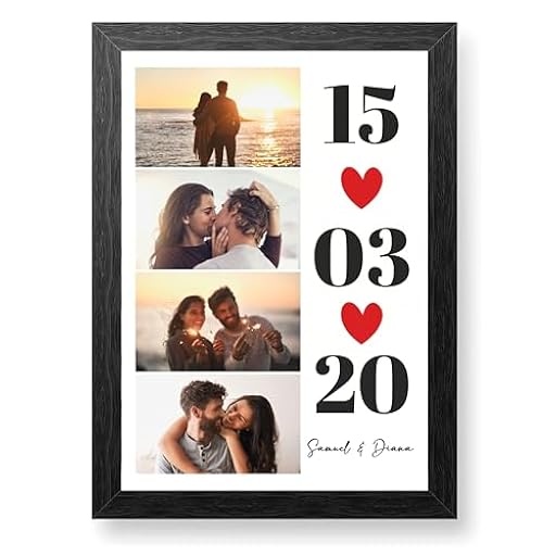 Made in Gift - Lámina Enmarcada - Lienzo Personalizado con Collage Fotos y Texto - Decoración Hogar - Tamaño A4 - Marco Incluido - Regalo para Parejas y Familia (Collage fecha) | Ya disponible en tu tienda friki favorita! En mundofriki.es!