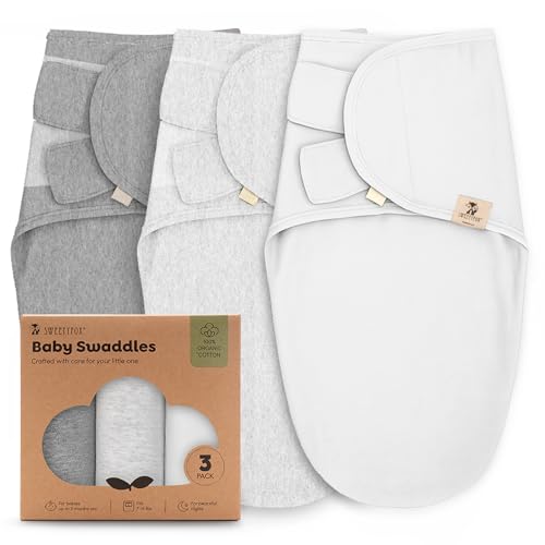 Image of Sweety Fox 3-Pack Organic Baby Swaddle Sleep Sacks - Swaddles for Newborns, Infant 0-3 Months, Baby Girls, Boys, Soft & Snug Newborn Sleep Sack, Nursery Swaddling Blankets, Velcro Closure (Mist)