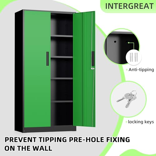 Image of INTERGREAT Metal Storage Cabinet, 72 inch Locking Steel Cabinets with 2 Door and 4 Adjustable Shelves, Tall Metal Cabinet for Home Office, Garage, Warehouse,(Black+Green)