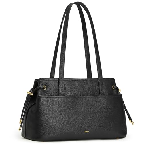 Image of Kattee Stylish Leather Bucket Bag for Women with 2 Detachable Straps | Top grain pebbled leather with drawstring sides, roomy pockets, and space for a 7.9-inch tablet.