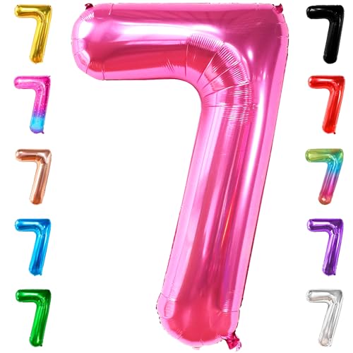 Image of KatchOn, Giant Hot Pink Number 7 Balloon - 40 Inch | | Pink 7 Mylar Foil Balloon For Happy Birthday Decorations | 7th Anniversary Decorations | 7th Birthday Party Supplies
