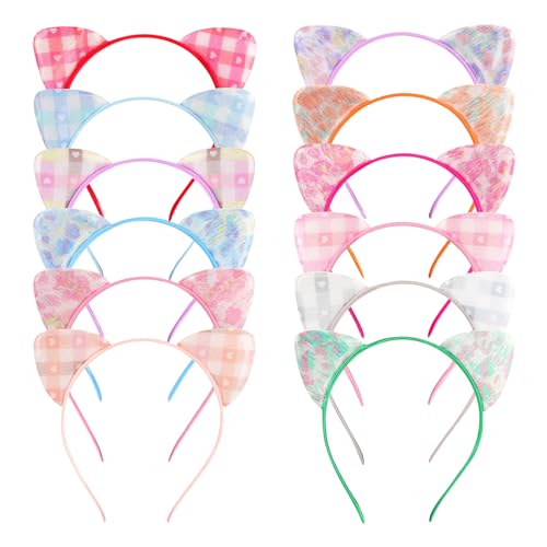 Tbestmax 12 Cat Ear Headbands Cute Flower Cat Headwear for Women and Girls Cat Costume Cosplay Daily Decorations Bunny Bow Headwear