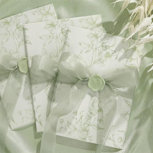 UNIQOOO 50 Sets Wedding Invitation Kit Sage Green Floral Vellum Jackets for 5x7 Invitations w/Satin Silk Ribbon & Eucalyptus Wax Seal Stickers Wedding Invitation Accessories