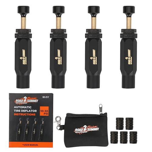 ROAD2SUMMIT Tire Deflator Kit 4 PCS Auto-Stop Valve Tool 10-30 PSI Adjustable Range Screw-On Tire Air Down Valves with Storage Pouch for Off-Road Truck SUV RV Travel & Repair