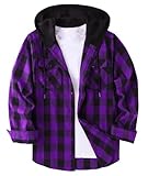 ZITY Men's Flannel Hoodie Shirts Casual Button Down Plaid Shirt Jackets for Men Long Sleeve Stylish Hooded with Pocket Purple Medium