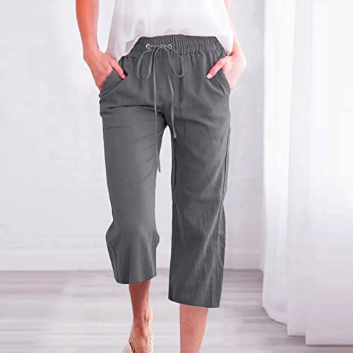 Linen Pants Women 3/4 Length White Linen Pants Women Summer Pants 2024 Wide Leg Pants Woman Elastic Drastring Trousers4